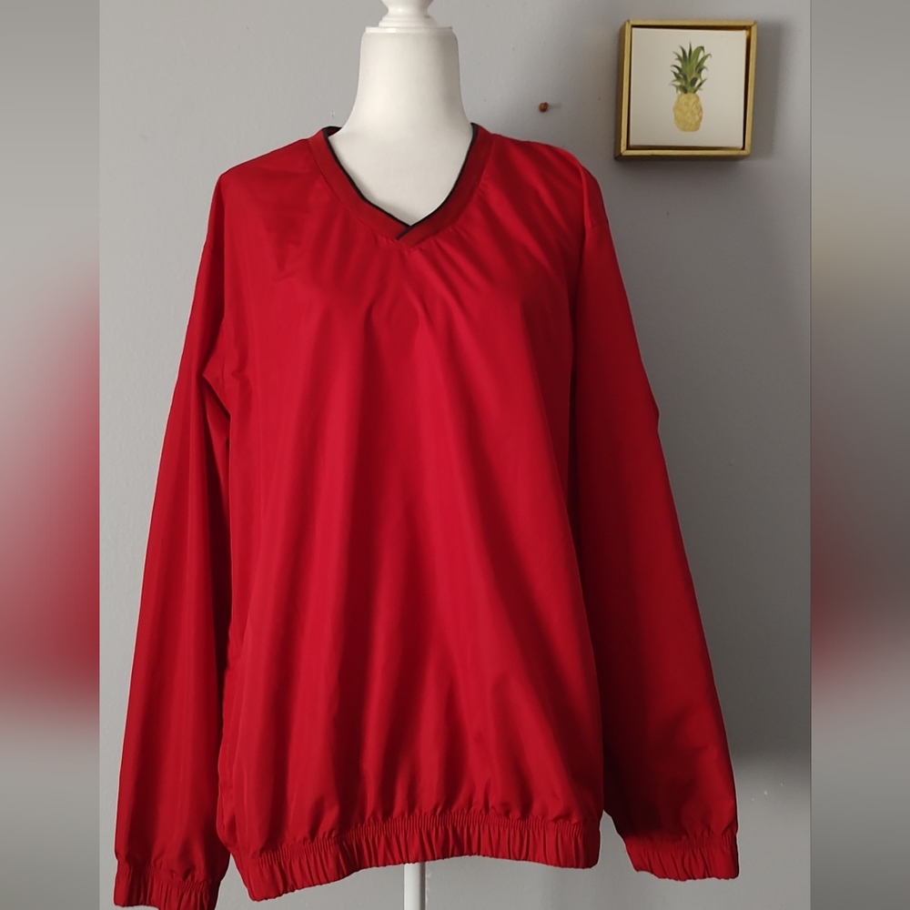 Windbreaker Jacket Men IZOD Large Red Golf Pullover 2 Pockets V Neck Comfort
